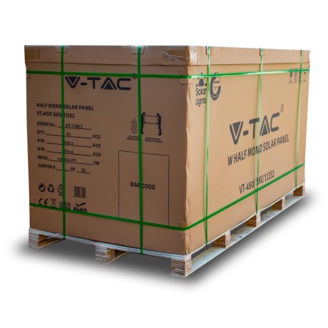 V-TAC 450W HALF CELL VT-450 photovoltaic panel on a pallet.