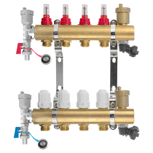 Brass manifold 1" - 4 circuits, 4 x automatic air vent, 4 x drain valve