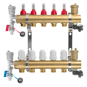 Brass manifold 1" - 5 circuits, 4 x automatic air vent, 4 x drain valve