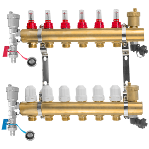 Brass manifold 1" - 6 circuits, 4 x automatic air vent, 4 x drain valve