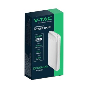 Power Bank V-TAC 10000mAh Biały 2xUSB Type C SZYBKI 22,5W V-TAC VT-10005-W