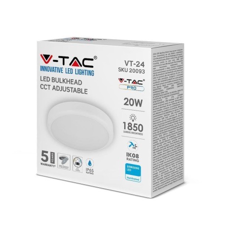 Plafon V-TAC SAMSUNG CHIP 24W LED IP65 IK08 Biały VT-24 3w1 1850lm 5 Lat Gwarancji
