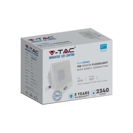 Projektor LED V-TAC 30W SAMSUNG CHIP Czujnik Ruchu Biały z Mufą VT-138S 6400K 2340lm 5 Lat Gwarancji