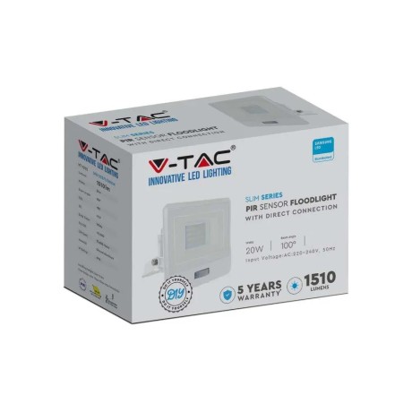 Projektor LED V-TAC 20W SAMSUNG CHIP Czujnik Ruchu Biały z Mufą VT-128S 6400K 1510lm 5 Lat Gwarancji