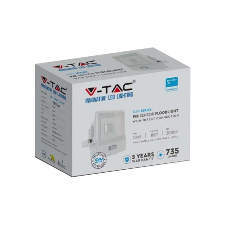 Projektor LED V-TAC 10W SAMSUNG CHIP Czujnik Ruchu Biały z Mufą VT-118S 3000K 735lm 5 Lat Gwarancji