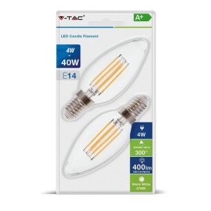 Żarówka LED V-TAC 4W Filament E14 Świeczka Przezroczysta (Blister 2szt) VT-2174 2700K 400lm