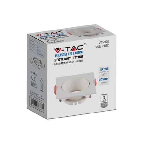 Oczko V-TAC GU10 Wpuszane Kwadrat Białe/Białe VT-932 3 Lata Gwarancji