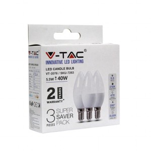 Żarówka LED V-TAC 4,5W E14 Świeczka (Opak. 3szt) VT-2076 4000K 470lm