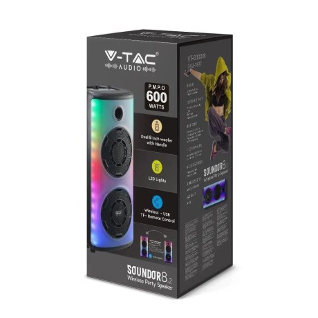 Głośnik Przenośny V-TAC 600W Mikrofon Pilot BT USB TF FM AUX TWS KARAOKE VT-6000W