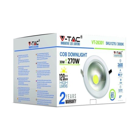 Oprawa 30W LED V-TAC COB Downlight Okrągły 120lm/W VT-26301 3000K 3600lm