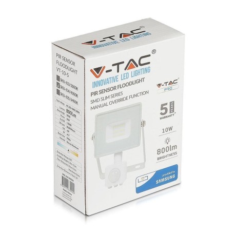 Projektor LED V-TAC 10W SAMSUNG CHIP Czujnik Ruchu Funkcja Cut-OFF Biały VT-10-S 6400K 800lm 5 Lat Gwarancji