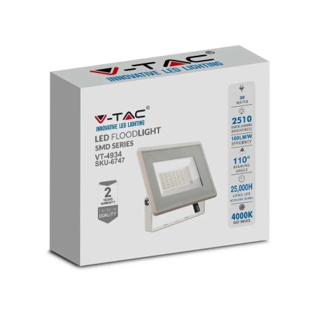 Projektor LED V-TAC 30W SMD F-CLASS Biały VT-4934-W 6400K 2510lm