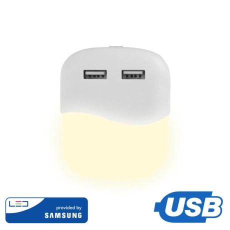 Lampka Nocna do Gniazdka LED z USB V-TAC SAMSUNG CHIP Kwadrat VT-84 3000K 10lm