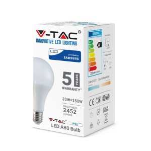 Żarówka LED V-TAC SAMSUNG CHIP 20W E27 A80 VT-233 3000K 2452lm 5 Lat Gwarancji