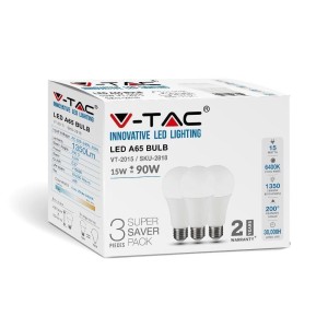 Żarówka LED V-TAC 15W E27 A60 (Opak. 3szt) VT-2015 6400K 1350lm