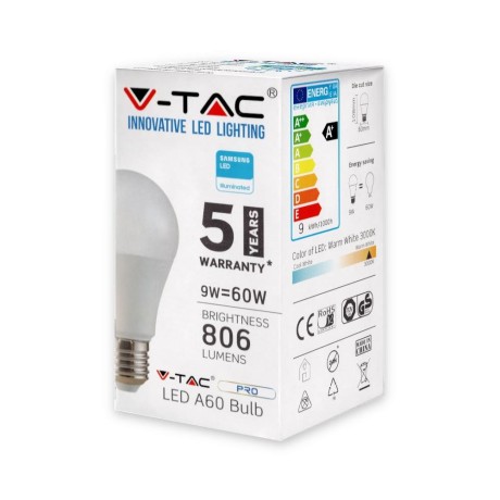 Żarówka LED V-TAC SAMSUNG CHIP 9W E27 A60 VT-210 3000K 806lm 5 Lat Gwarancji
