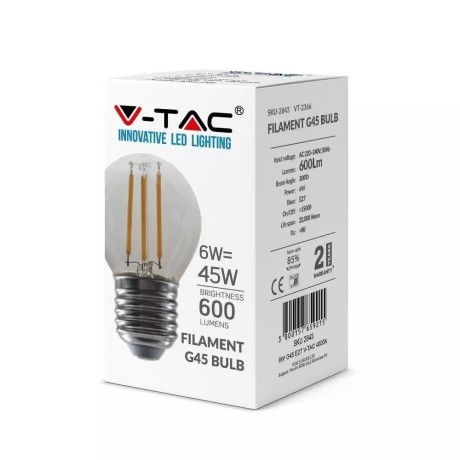 Żarówka LED V-TAC 6W Filament E27 Kulka G45 Przeźroczysta VT-2366 2700K 600lm