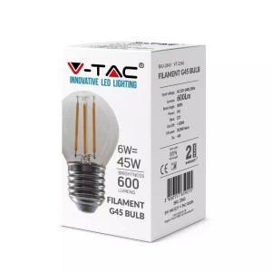 Żarówka LED V-TAC 6W Filament E27 Kulka G45 Przeźroczysta VT-2366 6400K 600lm