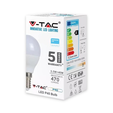 Żarówka LED V-TAC SAMSUNG CHIP 5.5W E14 P45 Kulka VT-236 6400K 470lm 5 Lat Gwarancji