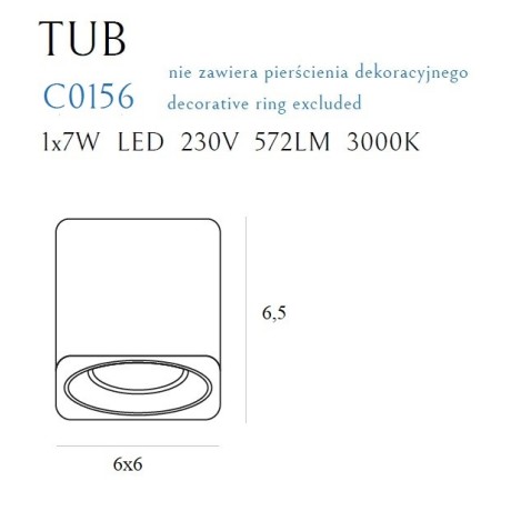 Lampa sufitowa tub kwadrat biały+ pierścień ozdobny biały rc