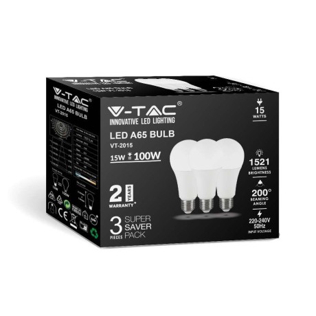 Żarówka LED V-TAC 15W E27 A60 (Opak. 3szt) VT-2015 6400K 1350lm
