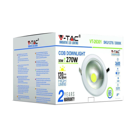 Oprawa 30W LED V-TAC COB Downlight Okrągły 120lm/W VT-26301 4000K 3600lm