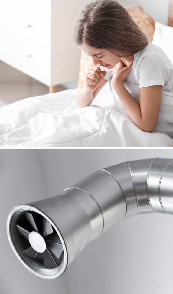 Chora, kaszląca kobieta siedząca na łóżku - wentylacja mechaniczna a zdrowie