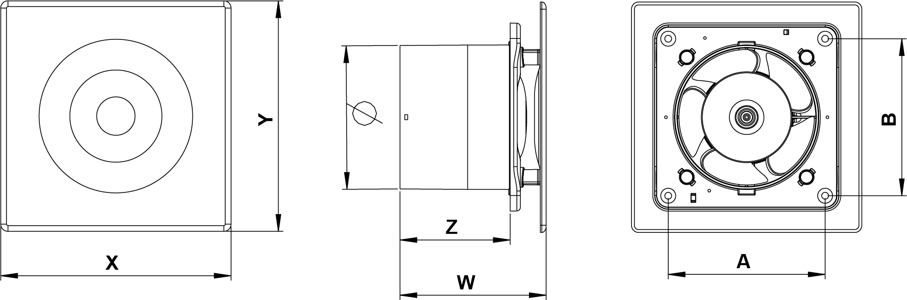 Wentylator dwubiegunowy ścienny / sufitowy Awenta Loop WL100R / WL125R - wymiary