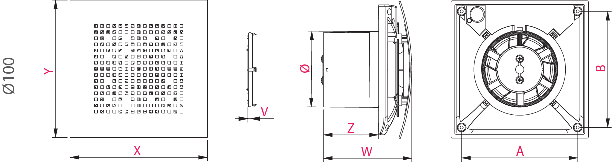 Wentylator wyciągowy ścienny / sufitowy Awenta Pulsar z timerem i higrostatem - wymiary schemat 1