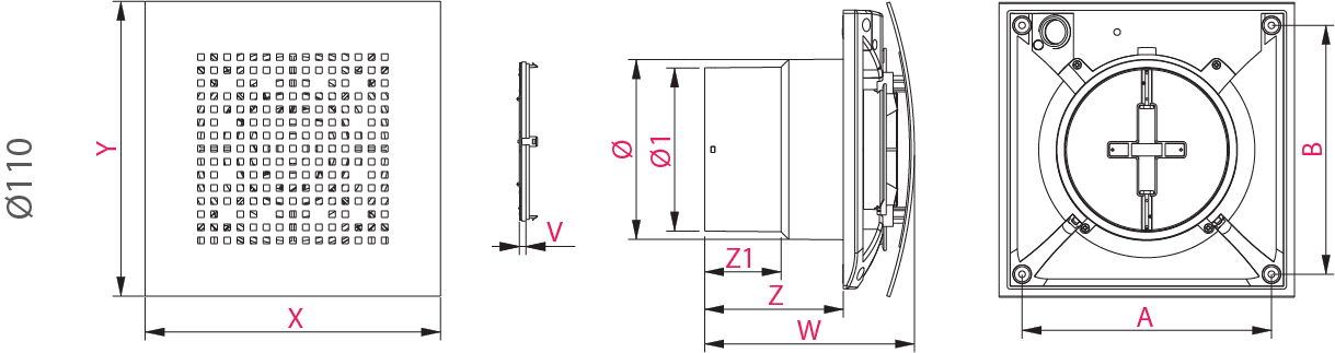 Wentylator wyciągowy z zaworem zwrotnym Awenta Pulsar WPAB110ZEC - schemat, wymiary