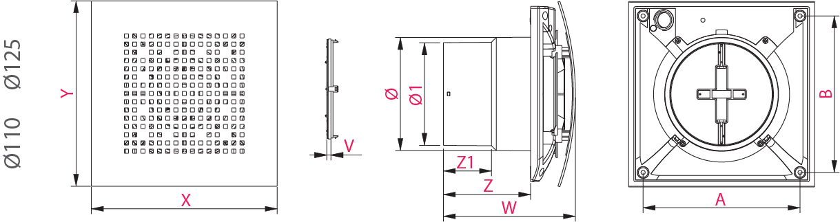 Wentylator wyciągowy ścienny / sufitowy Awenta Pulsar z timerem i higrostatem - wymiary schemat 2