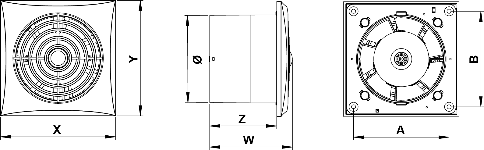 Wentylator wyciągowy ścienny / sufitowy Awenta WZ100H i WZ125H - wymiary